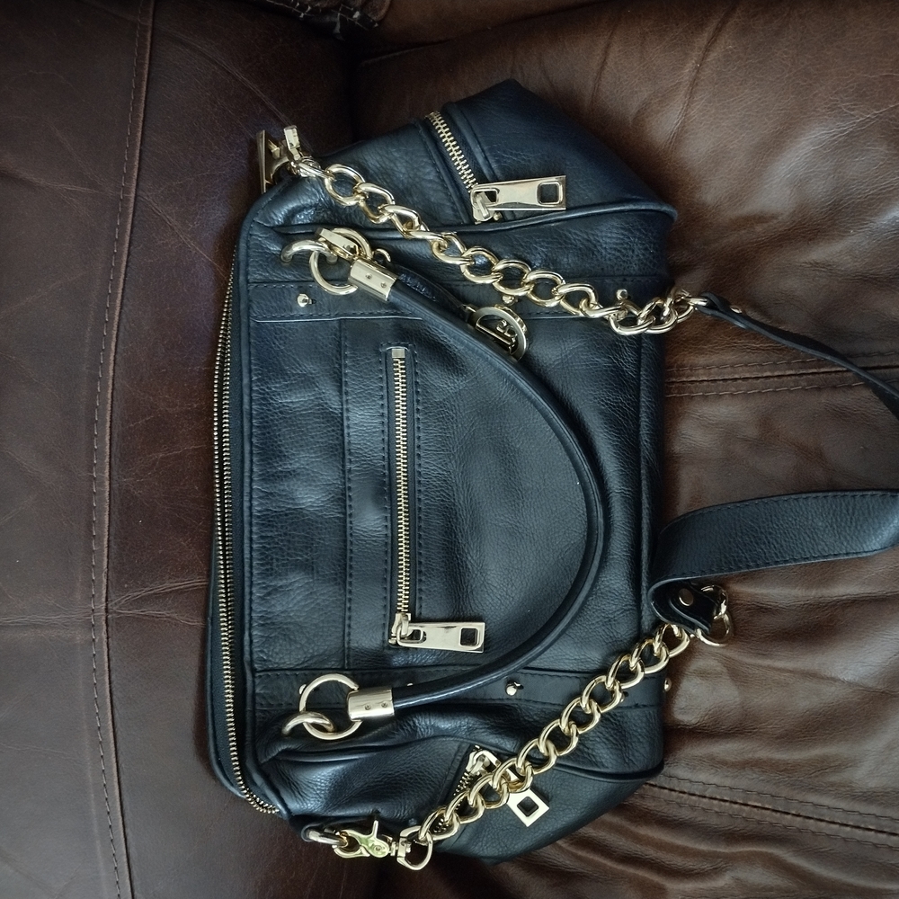 Audrey Brooke Black and Gold Leather Shoulder Bag with Chain Details